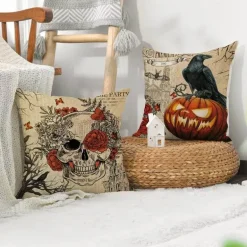 Totenkopf Kürbis Kissenbezüge – Halloween Leinen Dekokissen
