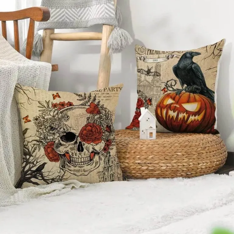 Totenkopf Kürbis Kissenbezüge – Halloween Leinen Dekokissen