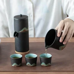 Tragbares Bergteekanne-Set – Reise-Keramikteekanne mit 3 Tassen