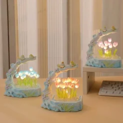 Tulpen-Nachtlicht – Lampe mit Blumen- und Vogel-Design