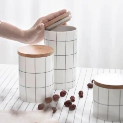 Umweltfreundlicher Lebensmittelbehälter aus Keramik mit Bambusdeckel – Aufbewahrungslösung für die Küche