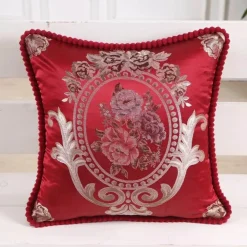 Vintage Blumen Kissenbezug - Rot Elfenbein Jacquard Europäisches Design 19x19 Zoll