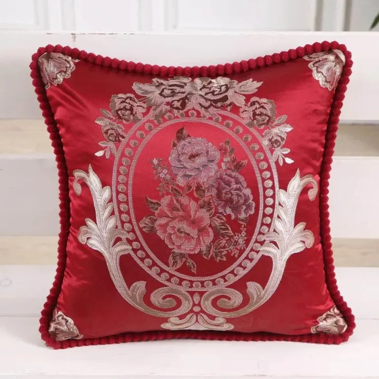 Vintage Blumen Kissenbezug - Rot Elfenbein Jacquard Europäisches Design 19x19 Zoll