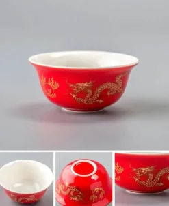 Vintage Chinesisches Goldenes Drachen Porzellan Teetassen Set - Keramikbecher