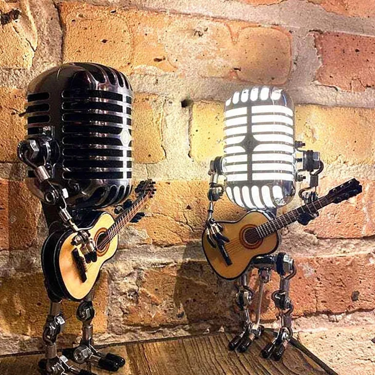 Vintage Gitarrenmikrofonlampe - Retro Musikdekor Roboterlicht