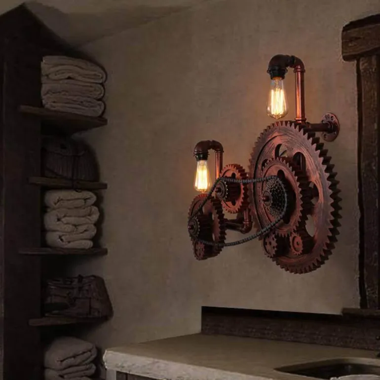 Vintage Industrial Wall Light - Creative Wood Gear Design