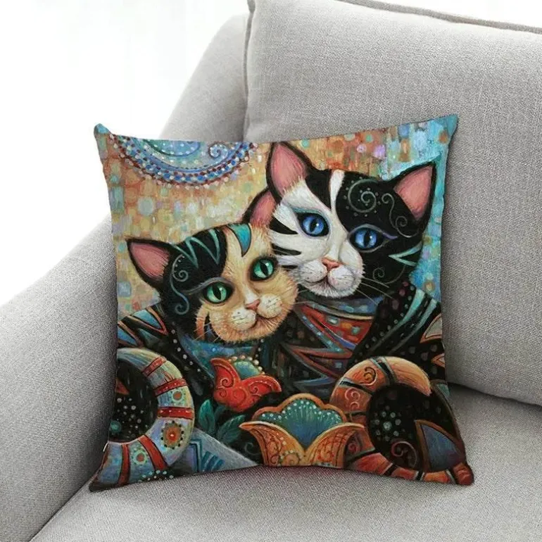 Vintage Katzen Kissenbezug - Dekorativer Kissenbezug aus Leinen