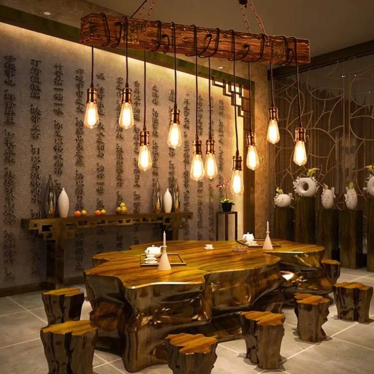 Vintage Pendant Light - Retro Wood and Metal Fixture