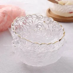 Vintage Salatschüssel aus Glas – graviertes Goldrand-Design