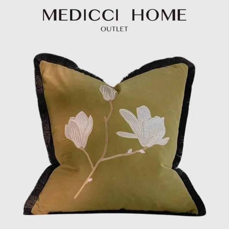 Vintage Samt Kissenbezug - Französische Magnolienstickerei für Sofa