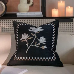 Vintage Samt Kissenbezug - Französische Magnolienstickerei für Sofa