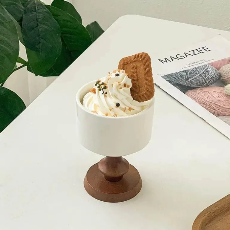 Vintage-Dessertkelch aus Keramik – Schale mit Holzstiel, 220 ml