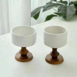 Vintage-Dessertkelch aus Keramik – Schale mit Holzstiel, 220 ml