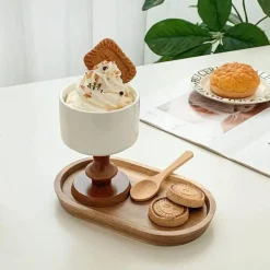 Vintage-Dessertkelch aus Keramik – Schale mit Holzstiel, 220 ml