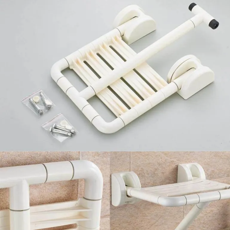 Wandmontierter Klapphocker aus Edelstahl