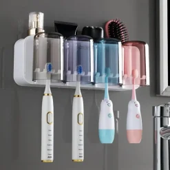 Wandmontierter Zahnbürstenhalter mit Mundwasserbecherspender - Badezimmer-Organizer