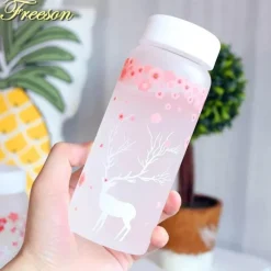 Wasserflasche aus Milchglas im Elch-Design, 430 ml, mit Hülle