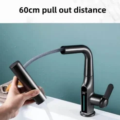 Wasserhahn mit digitaler Temperaturanzeige – anhebbarer Wasserfall-Waschbeckenhahn