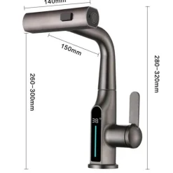 Wasserhahn mit digitaler Temperaturanzeige – anhebbarer Wasserfall-Waschbeckenhahn