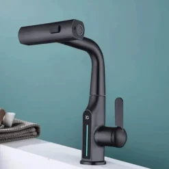 Wasserhahn mit digitaler Temperaturanzeige – anhebbarer Wasserfall-Waschbeckenhahn