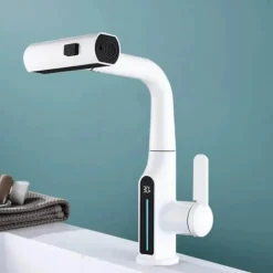 Wasserhahn mit digitaler Temperaturanzeige – anhebbarer Wasserfall-Waschbeckenhahn