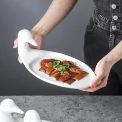 Weißes Keramikteller-Set mit Ente – dekoratives Serviergeschirr