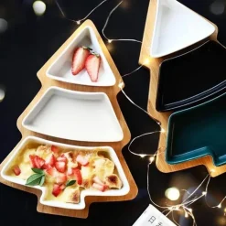 Weihnachtsbaum-Keramikteller mit Bambusständer - Serviergeschirr für die Feiertage