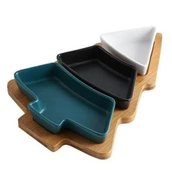 Weihnachtsbaum-Keramikteller mit Bambusständer - Serviergeschirr für die Feiertage